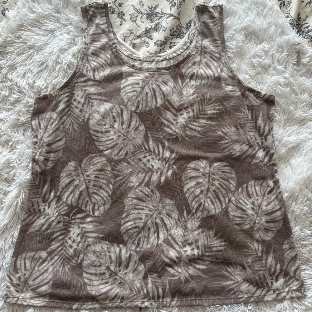 Time & Tru 2X Palm Leaf Tank Top Brown Grey Mauve Tropical Plus XXL 20